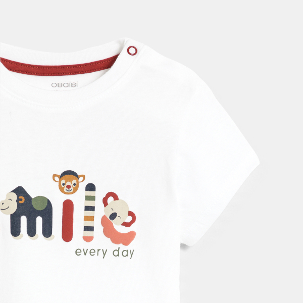 تيشيرت برسمة حيوانات باللون الأبيض للأولاد الصغار